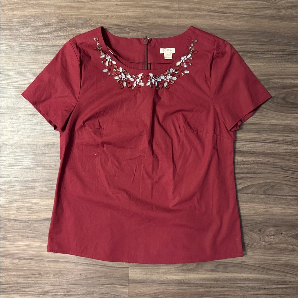 J. Crew Burgundy Red Jeweled Neckline Short Sleeve Blouse Top - Size 4 - Picture 2 of 6